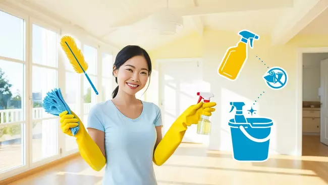 Une maison lumineuse et bien rangée avec une personne équipée de gants et de produits de nettoyage. Autour d’elle, des icônes représentant différentes tâches _ dépoussiérage, lavage des sols, désinfection des surfa
